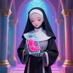 a beautiful robot nun in the style of michael cheval, kintsugi!!, cradling a jar containing a neon pink foetus, inside a vaporwave iridescent church alcove, inside a church with pipework columns, transcendent, vibrant color, clean linework, finely detailed, 4 k, trending on artstation, photorealistic, volumetric lighting, octane render