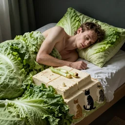 skinny white man sleeping on a bed made of tofu, blanket made of lettuce, pillow made of cats, dramatic lighting,