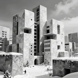 extremely beautiful snow covered brutalist city made out of white marble and polished concrete with snow, black and white photo, abstract experimental architecture, brutalism, brutalist, raw concrete, le corbusier dreaming latent space, concept art. artstation. digital render, award winning architecture, hdrp, ue 4, ue 5, revit, autodesk, autocad