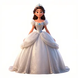 stern princess in ball gown, stylized pixar-style 3d render, full body, standing, isolated on a pure white background, centered, whole figure in frame, sharp focus, studio lighting