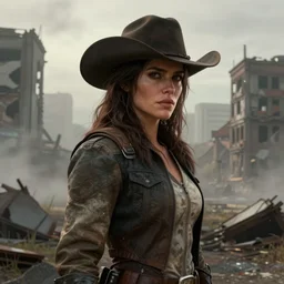 fallout 5, charismatic beautiful, rugged, brunette female protagonist wearing a cowboy - hat, portrait, outdoors ruined cityscape, atmospheric lighting, painted, intricate, volumetric lighting, beautiful, foggy, daytime, slight overcast weather, sharp focus, deep colours, ultra detailed, by leesha hannigan, ross tran, thierry doizon, kai carpenter, ignacio fernandez rios