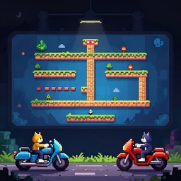 cats on motorcycles gameplay still frame, 4 colors, pixel art, retro, splash screen, level design, high contrast, background, deep focus, highly detailed, dramatic lighting, digital painting, artstation, concept art, matte, greg rutkowski, moebius, illustration.