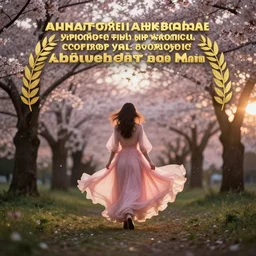 symmetry!! a 2 8 mm macro photo from the back of a woman in flowing pink dress in front of blooming cherry tree, seen from distance, splash art, movie still, bokeh, canon 5 0 mm, cinematic lighting, dramatic, film, photography, golden hour, depth of field, award - winning, anamorphic lens flare, 8 k, hyper detailed, 3 5 mm film grain