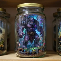 vivid Chief Garrosh Hellscream neatly fits inside large boron glass storage jar, lying forgotten on the shelf in SCP foundation. Secure, Contain, Protect, iridescent nebula inside a glass cylinder safely contained, eerie nostalgic concept art, by James Gurney and Simon Stalenhag and Greg Rutkowski, hyperdetailed SCP artifact jar, macroshot, trending on ArtStationHQ, 8k
