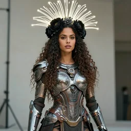 medium body shot portrait of ana de armas as a female mythical magical aztec warrior with long curly hair : : wearing a crown of long white glowing cables of light and black peony flowers : : as a cyberpunk cyborg goddess, perfectly proportioned face, strong jawline, highly detailed, natural light, standing over a plain modern background, wearing a futuristic realistic and detailed armor by aaron de leon, art by sandro boticelli, studio ghibli and alphonse mucha, hdr 8 k