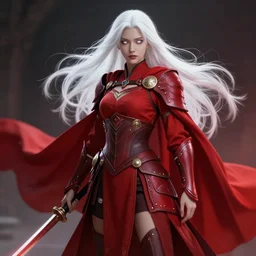 beautiful female warrior with red cape , white hair, white eyes, full body visible, cinematic, trending on devianart