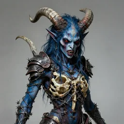A creepy armored horned fanged demon woman with blue scarred skin wrapped in barbed wire. Extremely high detail, realistic, fantasy art, solo, bones, masterpiece, saturated colors, art by Zdzisław Beksiński, Dariusz Zawadzki