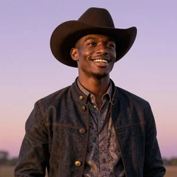 a handsome regal young African-American cowboy with a smirk and gold teeth with a nice eyes catch light, volumetric lighting, in front of a pale lavender sunrise, dawn, predawn, golden light, no crop, smooth, sharp focus, grainy, realistic, hyperrealistic, very neat, intricate, cinematic lighting, highly detailed, digital painting, artstation, concept art, smooth, sharp focus, illustration, full body length made by Jacob Lawrence and Sam Gilliam and Edmonia Lewis