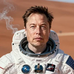Happy Elon Musk on Mars, photo, portrait, centered, in spacesuit, smoking, detailed, close up 2040