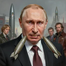 very old and angry vladimir putin with cruise missiles instead of his teeth, very detailed. artwork by artgerm, wide angle, fantasy, highly detailed, digital painting, artstation, smooth, sharp focus, art by thomas kinkade and h. r. giger and tyler edlin