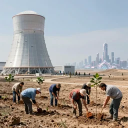 a group of workers planting trees in a barren landscape next to a clean glowing sci fi nuclear containment building with a utopian city in the distance