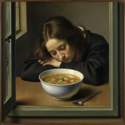 melancholy still life with soup in a window frame. painting by frank sedlacek, jan van eyck