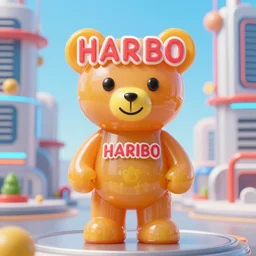 portrait of haribo bear in future city, color and shape focus, central composition,