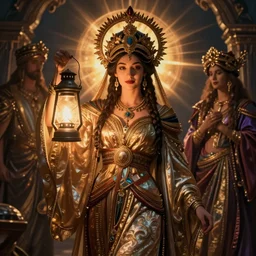 queen of the night with her lantern, by Annie Swynnerton and Nicholas Roerich and jean delville, dramatic cinematic lighting , ornate headdress , flowing robes, lost civilizations, extremely detailed
