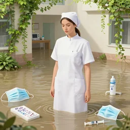 a tall pathology student wrapped in chiffon in her apartment, vines, a river flooding inside, medical supplies, medical mask, syringes, pathology sample test tubes, pigs, plants in a glass vase, water, river, rapids, waterfall, canoe, pomegranate, berries dripping, swans, acrylic on canvas, surrealist, by magritte and monet