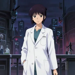 a full body portrait of a confident japanese girl scientist wearing lab coat with short hair with bun and fringes, finely detailed features, midshot, at a paranormal city, gapmoe yandere grimdark, trending on pixiv fanbox, painted by ilya kushinov makoto shinkai takashi takeuchi studio ghibli, akihiko yoshida,