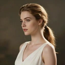 Woman in white dress and light brown ponytail