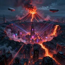 a cyberpunk city in the crater of a volcano, lava flowing, smoke, fire, neon, clubs, lasers, airships, industrial, by paul lehr, jesper ejsing