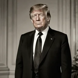 Donald Trump, a anthropomorphic-robot cyber-face techno mask in black tie suit retro photo by Louis Daguerre