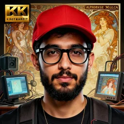 hyperrealist portrait of a young ducktail bearded middle eastern american man wearing black wayfarer glasses and red baseball cap, it is decorated with wires and monitors. by jeremy mann and alphonse mucha, fantasy art, photo realistic, dynamic lighting, artstation, poster, volumetric lighting, very detailed faces, 4 k, award winning