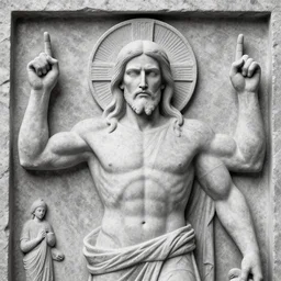muscular gigachad benediction, gigachad jesus, fingers pointing to heaven, stone relief, holy iconography, grayscale