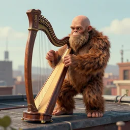 old bald midget bigfoot playing harph on the rooftop, music, instrument, rpg style, dnd style, ultra detailed, trending on artstation, concept art, octane render, unreal engine,