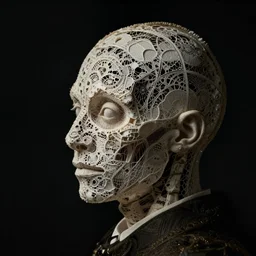a man's face in profile, made of intricate lace skeleton, in the style of the dutch masters and gregory crewdson, dark and moody