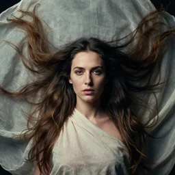 a close - up portrait of a woman with long hair wearing a fabric cloth drapery by peter mohrbacher and jeremy geddes, billowing, dramatic, dynamic lighting, intricate, detailed, sharp focus, motion, symmetrical features