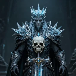 centered portrait of the Gollum wearing a crown formed out of ice, in the style of Lich King, cape, skull mask, thunder sword, character concept, high fantasy, gothic, dark atmosphere, malice, medium shot, symmetrical face, golden ratio, cinematic lighting, hyperdetailed, high resolution, insanely detailed and intricate, artstation, Marc Simonetti, Greg Rutkowski, H R Giger, octane render