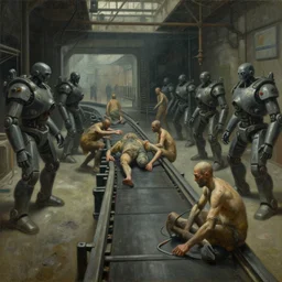 drab human slaves on a conveyor belt, guarded by fascist robot overlords, brutalist facility, battersea, dystopian, pj crook, edward hopper, oil on canvas