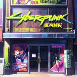 a very close up close up close up close up front on frontview of a ( ( ( cyberpunk ) ) ) shopfront facade with ( ( advertisements ) ), in a high definition screenshot from the anime anime film, digital painting by ( makoto shinkai ), moebius, trending on artstation