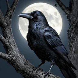 book cover art, detailed close-up portrait of crow on a tree in front of the full big moon, dramatic lighting, cinematic, establishing shot, extremely high detail, foto realistic, cinematic lighting, pen and ink, intricate line drawings, by Yoshitaka Amano, Ruan Jia, Kentaro Miura, Artgerm, post processed, concept art, artstation, matte painting, style by eddie mendoza, raphael lacoste, alex ross