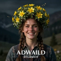 alpine _ female farmer _ head _ being _ overgrown _ by _ edelweiss _ dolomites _ dark _ eerie _ happy _ portrait _ photography _ artstation _ digital _ art _ adward _ winning