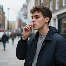 photograph of british youth smoking a joint in a city street, in the style of karen knorr, street photography, 3 5 mm film, analogue, high contrast, london, war on drugs