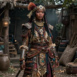 detailed ultrarealistic photography of cyberpunk rustic robust medieval hippie warrior japanese african girl, wayne barlowe, full shot