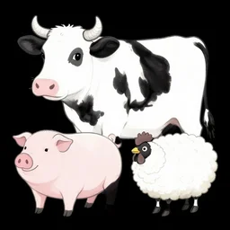 belzebub, cow, pig, sheep, chicken, white on black vector ink drawing