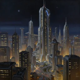a painting of a futuristic city at night, a detailed matte painting by stephan martiniere, cgsociety, space art, reimagined by industrial light and magic, sci - fi, matte painting