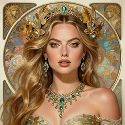 Margot Robbie as a Brazilian Goddess, cute, fantasy, intricate, elegant, highly detailed, digital painting, 4k, HDR, concept art, detailed jewelry, smooth, sharp focus, head and waist potrait, art by Artgerm and H R Giger and Greg Rutkowski and Alphonse Mucha