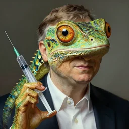 bill gates with reptile eyes!!!, vertical reptile pupil!!!, lizard skin!!!, holding a syringe!!, portrait, intricate, elegant, highly detailed, digital painting, artstation, concept art, wallpaper, smooth, sharp focus, illustration, art by artgerm and greg rutkowski and alphonse mucha