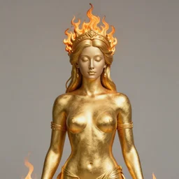 portrait photography of goddess made of gold wearing a crown of flames in the foreground standing with a massive forest fire in the background, octane render, realistic, ultrarealistic, cinematic, cinematic lighting, detailed, highly detailed