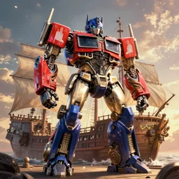 A giant bipedal autobot transformer made out of pirate ship, digital art