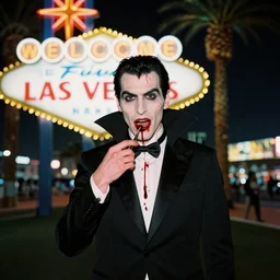 35mm film portrait of a vampire in Las Vegas at night, blood, f1.4, vivid color, behance, trending on instagram