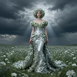 dress made of flowers wizard, flower hair woman, solemn, female, rising from flower field, high detail, high contrast, portrait, dissolve, storm clouds, god rays, d & d, fantasy, elegant, silver green color palette, cinematic, concept art, annie leibovitz, roger deakins, greg rutkowski, alphonse mucha