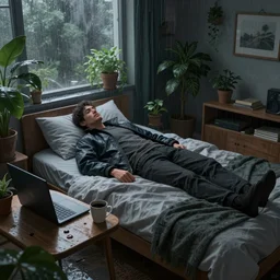 a man lying on his bed wearing a jacket with a computer and coffee on the table on a cold rainy day, room full of plants, gloomy weather, highly detailed,  artstation, concept art, smooth.sharp focus, digital art, art by jon foster and james jean and artgerm and yuumei