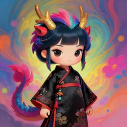 A psychedelic portrait of cute dragonin black oriental dress, vibrant color scheme, highly detailed, in the style of romanticism, cinematic, artstation, Moebius, Greg rutkowski