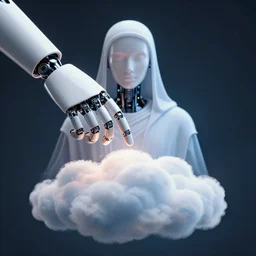 robotic ai god on the cloud is touching human with his finger, transferring new and light, the creation of adam, classical painting by michelangelo buonarroti, alphonse mucha, monty python