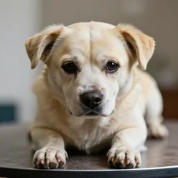 a castrated, dreaded close up of a dog on a table