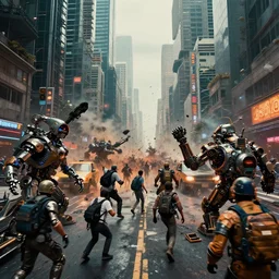 A riot of machines on the streets of dystopian megalopolis, digital art, photo-realistic, dramatic colors, 4k