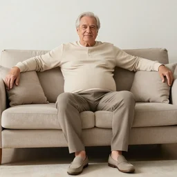 full body photo of older handsome robert. he is sitting gracefully on a sofa, he is wear elegant elastic. fitted for his enormous awesome belly. oh he is a human by the way, wear's beige shirt, has big bouncy belly