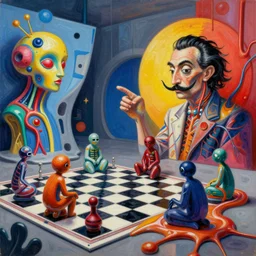 an extremely high quality hd surrealism painting of a 3 d perspective neon complimentary - colors cartoon surrealism melting sculpture gallery zaha hadid biological anatomical chess players by a much more skilled version of kandinskypicasso and salvia dali the fourth, salvador dali's much much much much more talented painter cousin, 8 k, ultra realistic, nerves, veins, arteries, 4 k